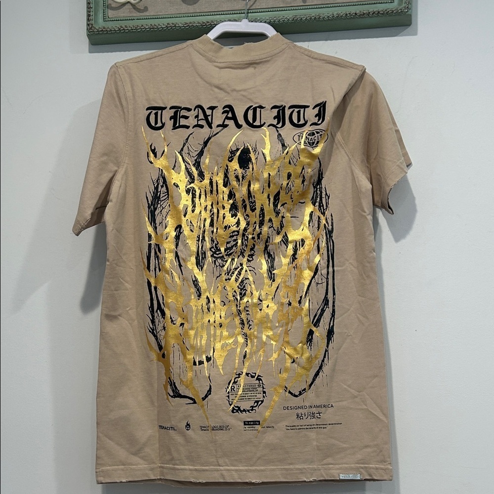 Tenacity distressed Tan Men's short sleeves embroidered T-Shirt small new - Picture 7 of 12